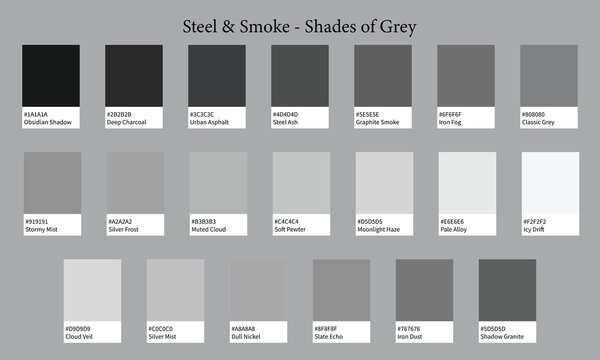 Color Palettes 20 Shades of Grey - Steel and Smoke Colors - with HEX Codes and Names, Colour Swatches and Combinations