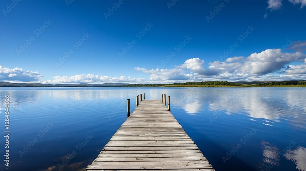 Poster tranquil scenery of a wooden dock extending into a serene lake under a stunning blue sky : generativ