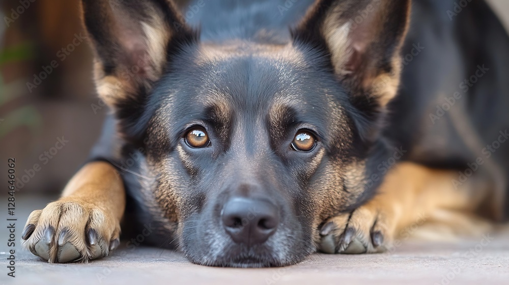 Poster closeup portrait of a beautiful dog relaxing at home with expressive eyes : generative ai