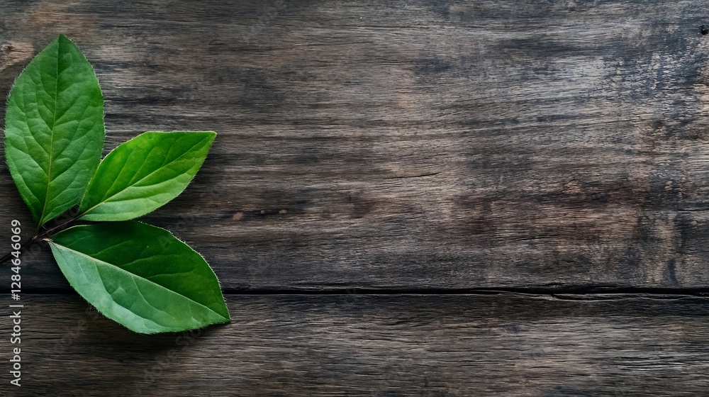 Aufkleber fresh green leaves resting on rustic wooden surface creating a harmonious natural atmosphere : gener