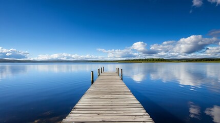 Obraz premium Tranquil Scenery of a Wooden Dock Extending into a Serene Lake Under a Stunning Blue Sky : Generative AI