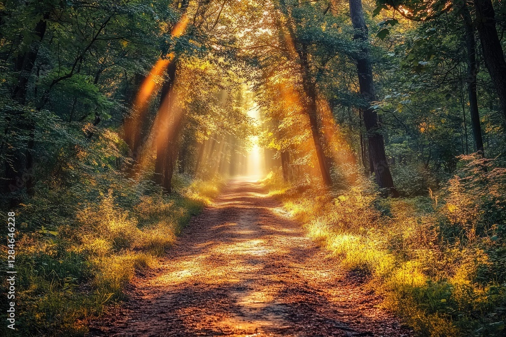 Poster sunbeams illuminate a path through a lush green forest, creating a magical, serene atmosphere.