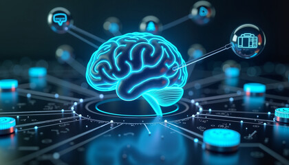 Futuristic AI brain with digital connections in a cybernetic network
