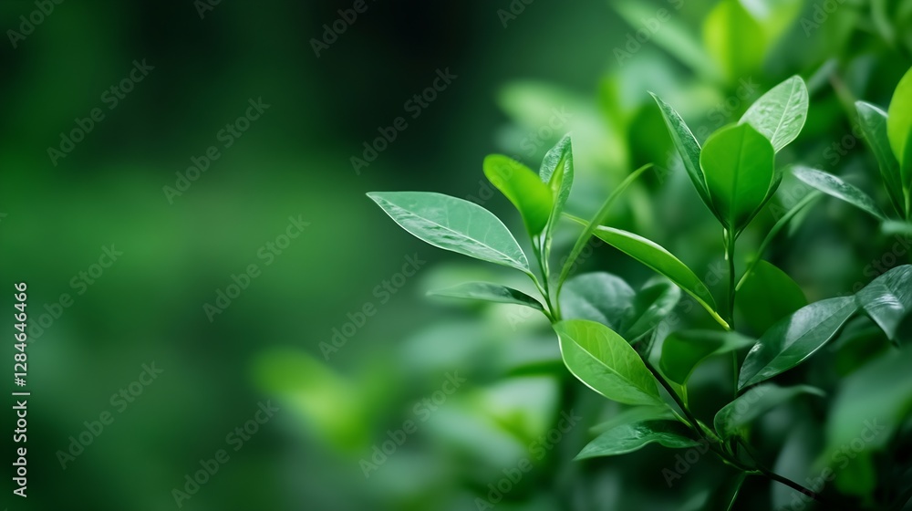 Aufkleber fresh green leaves with dew on a natural background in soft focus : generative ai