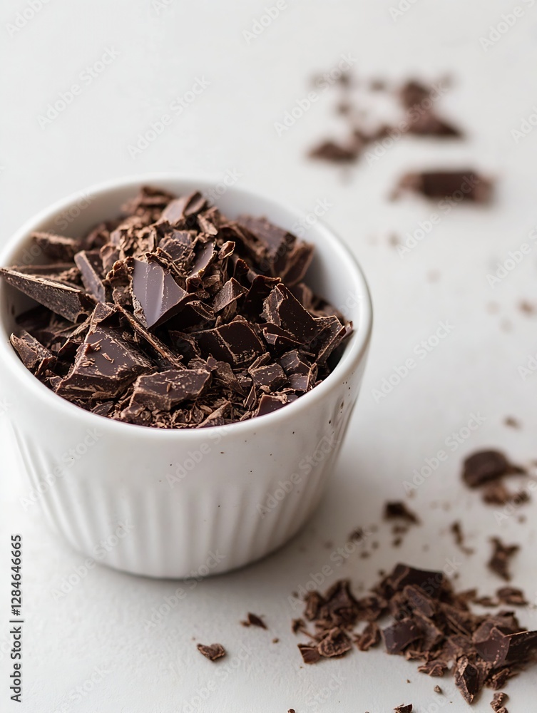 Poster Dark Chocolate Chunks in a White Bowl with Crushed Pieces on a Table Surface : Generative AI