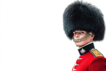 A male British guard in traditional red uniform and bearskin hat, showcasing ceremonial duty attire against a stark white background.