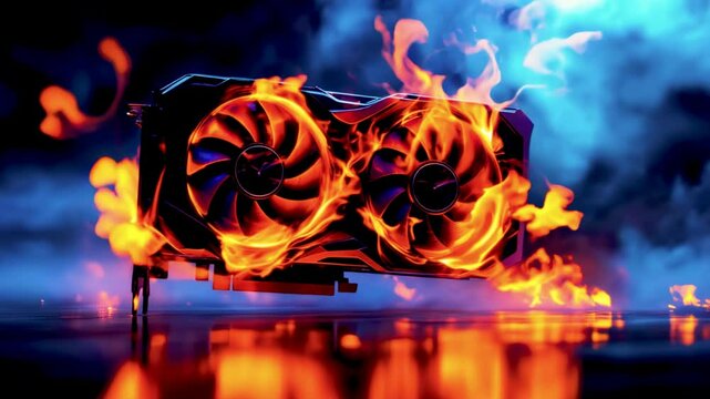 Overheated Graphics Card with Flames Symbolizing Hardware Failure and Intense Overclocking