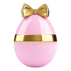 A whimsical 3D cartoon Easter egg adorned with a shimmering gold bow, featuring vibrant pink hues, isolated against a transparent background, perfect for festive decorations or digital designs.