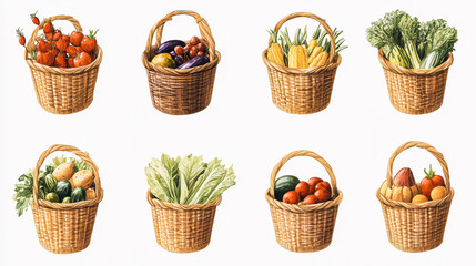 A basket of vegetables is shown in a row, including tomatoes, squash