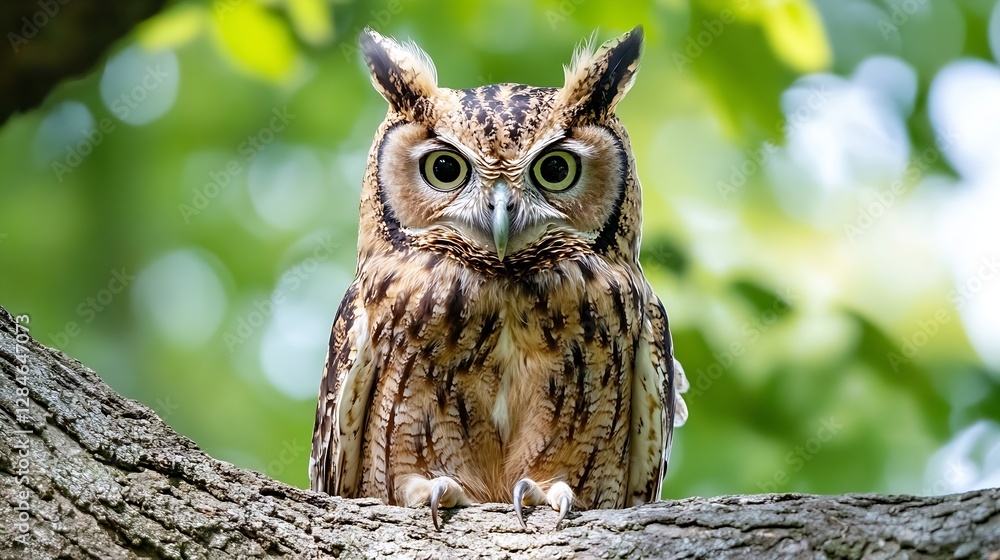 Poster majestic owl perched on a tree ready to take flight with stunning feather details : generative ai