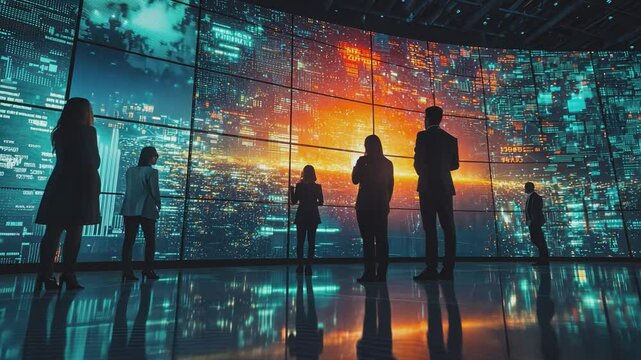 Data Analysis: A group of people gazes in awe at a vibrant digital display, highlighting the power of data visualization and the future of technological innovation.