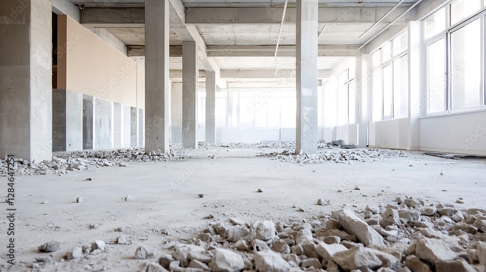 Aufkleber industrial view of a spacious empty room under construction featuring exposed concrete and debris : 