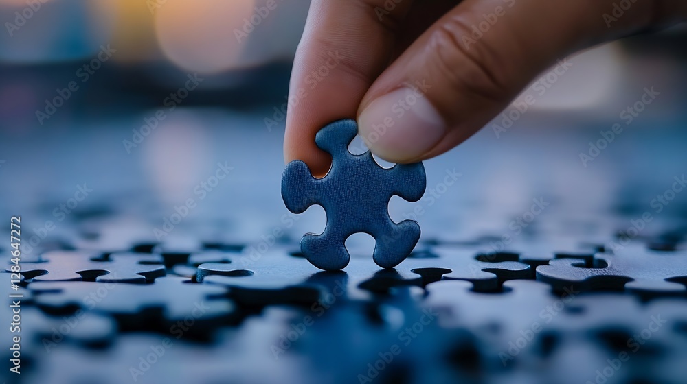 Poster person placing a puzzle piece on a colorful surface surrounded by many other pieces : generative ai