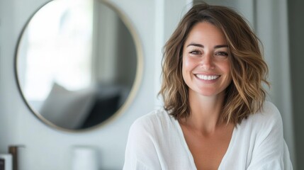 A woman with thinning hair smiling after a successful hair care treatment in a stylish salon. Featuring transformation and confidence
