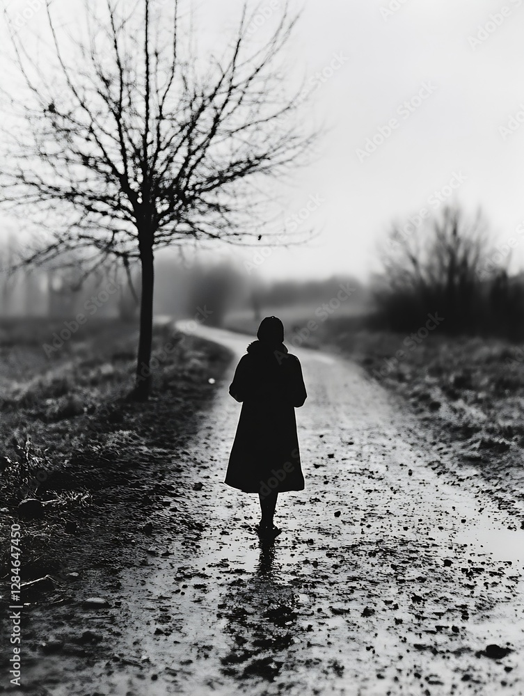 Poster a solitary figure walking down a treelined path in winter capturing a sense of solitude and calmness
