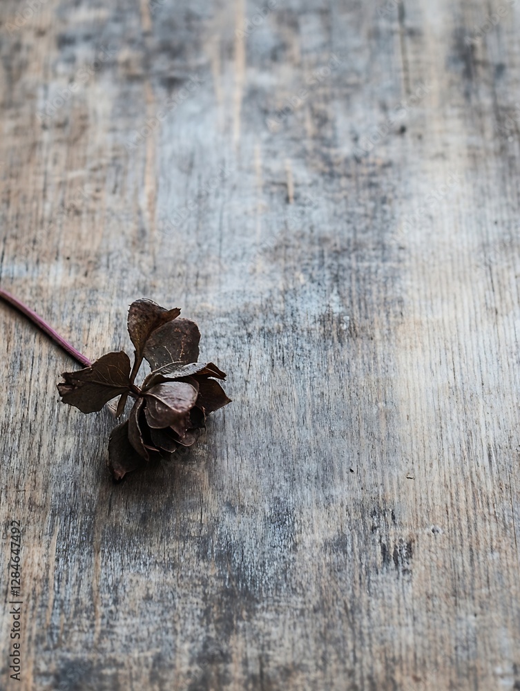 Aufkleber a single dried rose lies on a rustic wooden surface creating a vintage aesthetic : generative ai