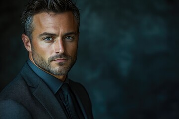 Fototapeta premium Portrait of a handsome man in a suit, serious expression, dark background.