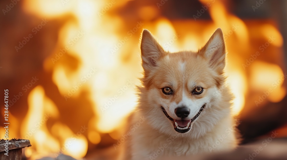 Poster happy corgi dog sitting in front of bright flames with a playful expression capturing a cozy moment 