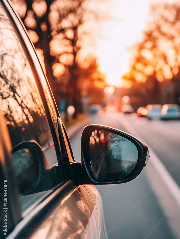 Poster stunning sunset view from the side mirror of a parked car with trees lining the street : generative 