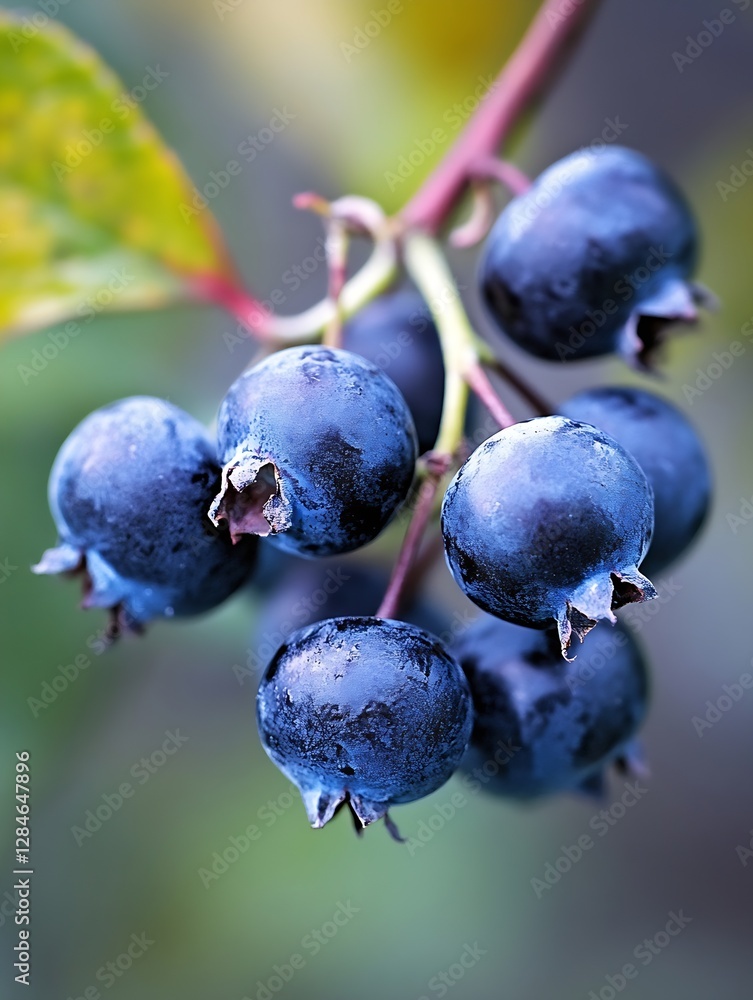 Poster closeup of fresh ripe blueberries with a vibrant background showcasing natural colors and textures :
