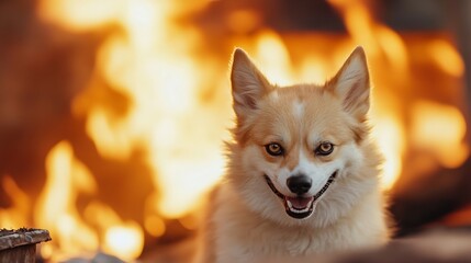 Obraz premium Happy corgi dog sitting in front of bright flames with a playful expression capturing a cozy moment : Generative AI