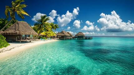 Fototapeta premium A stunning tropical beach with crystal clear turquoise waters, palm trees swaying in the breeze, and thatched-roof bungalows over the water 