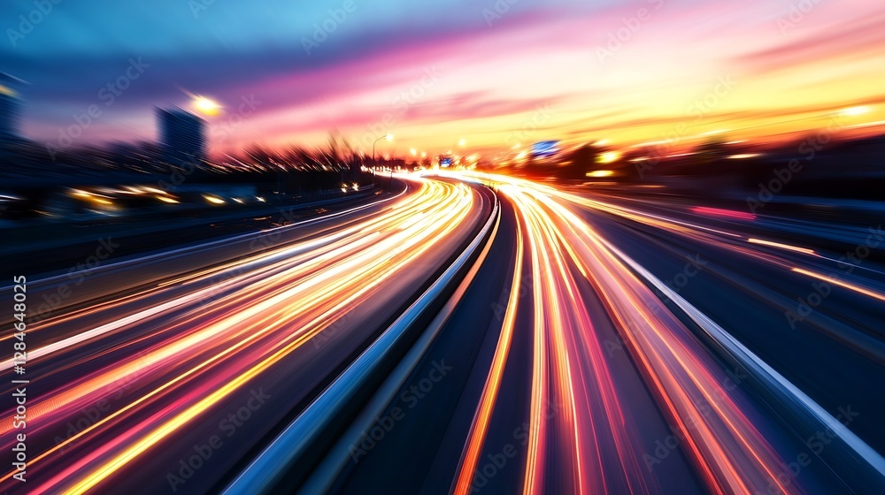 Poster artistic motion blur of light trails on a busy highway at sunset creating vibrant colors and pattern