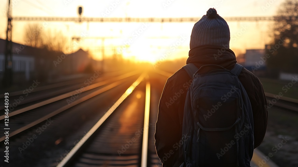 Aufkleber Lonely traveler standing on railway tracks at sunset reflecting on journey with backpack in a serene setting : Generative AI