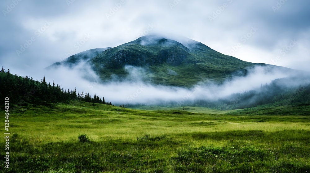 Poster Lush green mountains under moody clouds creating an atmospheric landscape scene : Generative AI