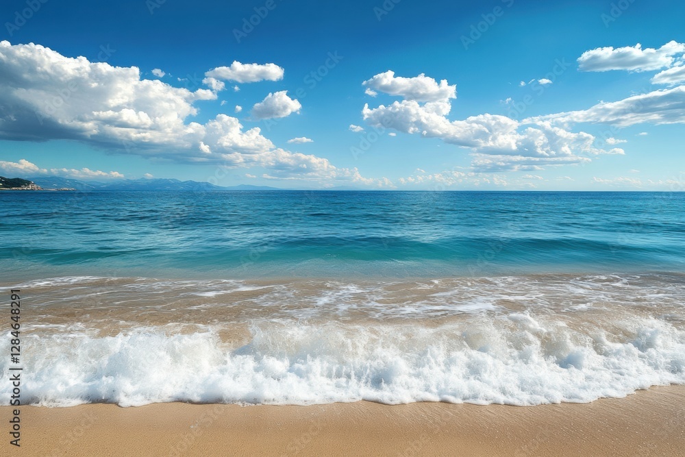 Fototapete beautiful ocean view with clouds and gentle waves on a sunny day at the beach. generative ai