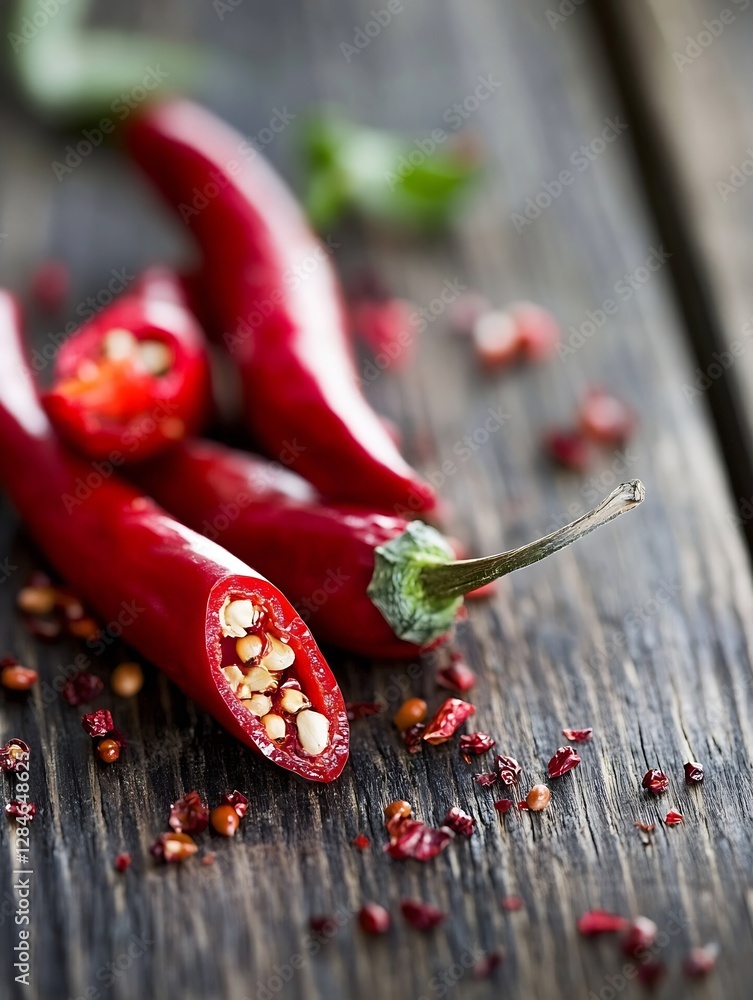 Poster fresh red chili peppers with seeds on rustic wooden background for culinary use : generative ai