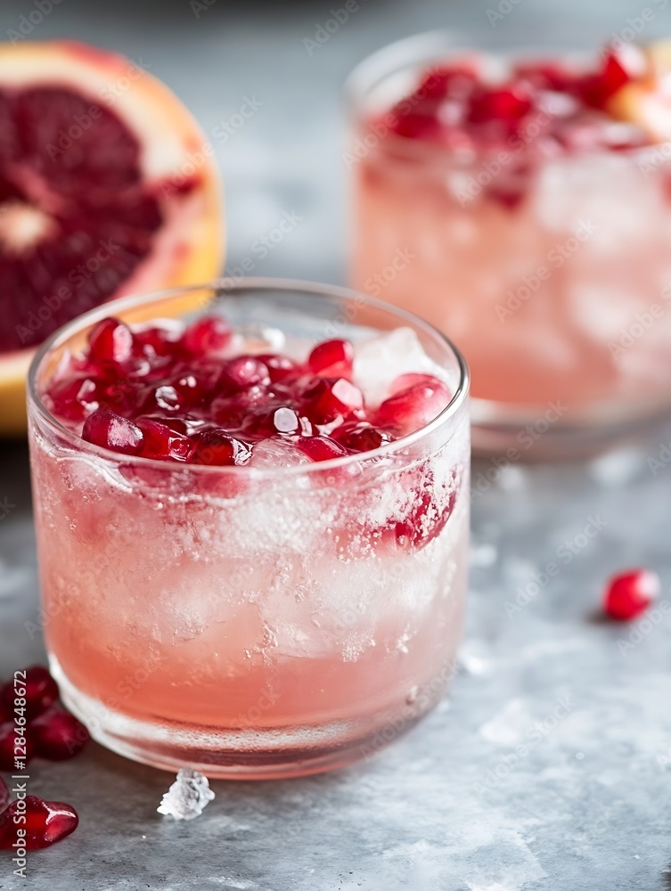 Poster refreshing pomegranate and citrus cocktail served in a glass with ice cubes : generative ai