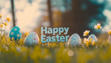 Colorful Easter Eggs Decorate a Sunny Garden With a Festive Message Celebrating the Holiday and Springtime Joy