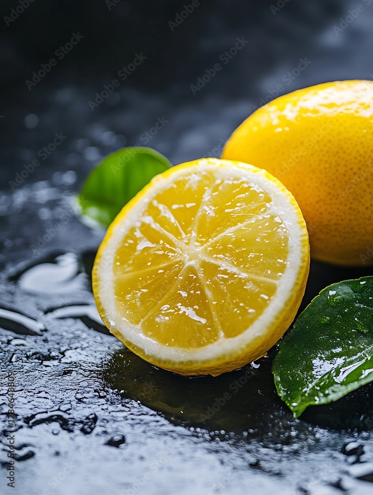 Poster fresh yellow lemons with water droplets resting on a dark stone surface inviting a refreshing mood :