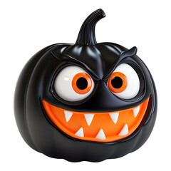 A menacing 3D cartoon-style evil pumpkin with glowing orange eyes and a wide, wicked grin, isolated against a transparent background, exuding an eerie Halloween atmosphere.