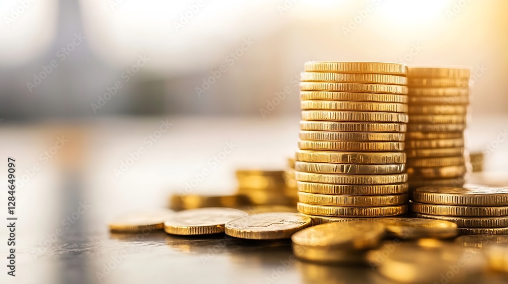 Poster detailed closeup of stacked golden coins with a soft background illustrating wealth and prosperity :