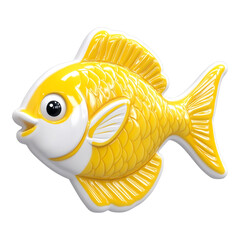 A vibrant 3D cartoon-style illustration of a whimsical yellow fish with a striking white face, artistically garnished with fresh lemon slices, gracefully floating against a transparent background.