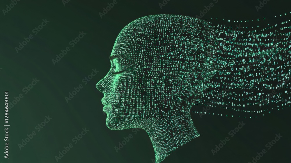Poster Human face dissolving into binary code illustrating futuristic AI concepts and data flow in a technological landscape. Generative AI