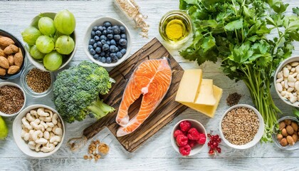 Ketogenic Diet Food – Healthy Low-Carb Products, Keto Diet Concept with Vegetables, Fish, Meat, Nuts, Seeds, Berries, and Cheese on a White Background, Top View