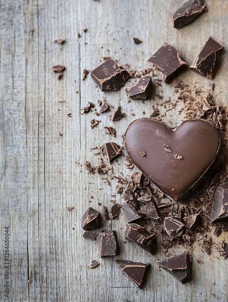 Aufkleber delicious dark chocolate heart surrounded by broken pieces on rustic wooden background inviting indu