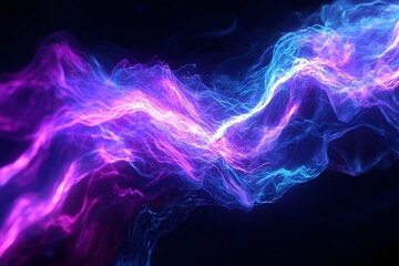 Obraz premium Abstract 3D Render of Neon Blue and Purple Electric Light Waves on a Dark Smoky Background