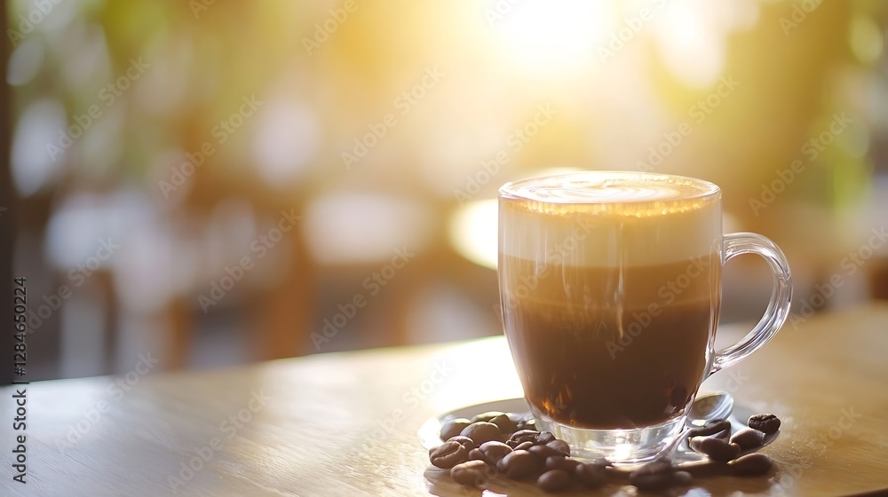Poster a warm cup of coffee with rich froth and coffee beans on a table surrounded by soft natural light : 