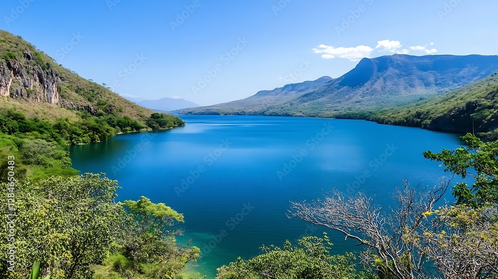 Poster breathtaking aerial view of a serene lake surrounded by lush mountains and vibrant greenery : genera