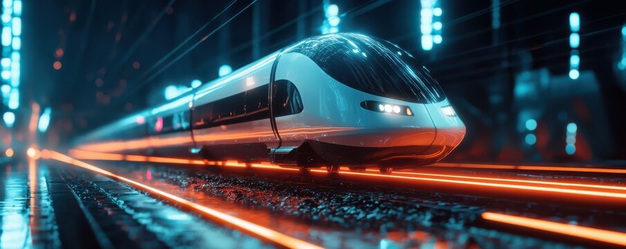 Futuristic high-speed train gliding through neon-lit urban nightscape on elevated tracks