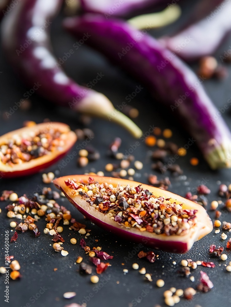 Poster vibrant chili peppers with spicy seeds on dark background for culinary use : generative ai