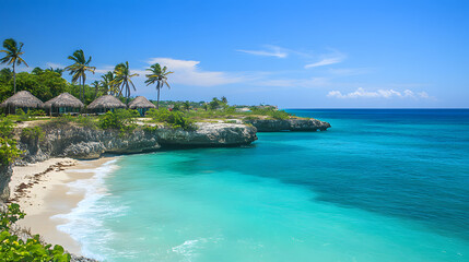 Fototapeta premium A stunning tropical beach with crystal clear turquoise waters, palm trees swaying in the breeze, and thatched-roof bungalows over the water 