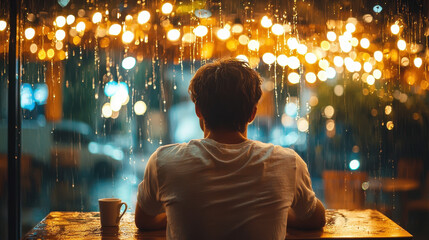 Fototapeta premium Solitary man contemplates life in a dimly lit cafe while rain falls outside, surrounded by warm ambient lighting and a melancholic atmosphere