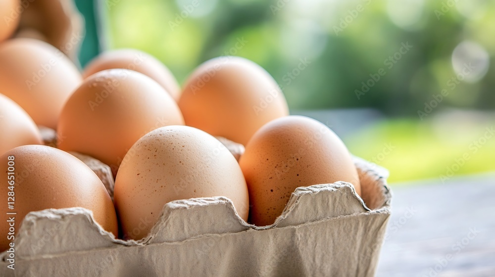 Poster fresh brown eggs arranged in a carton ready for kitchen use in a natural setting : generative ai