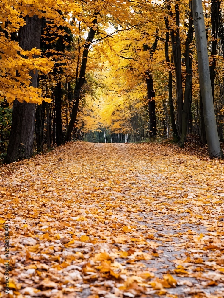 Aufkleber scenic autumn pathway covered with golden leaves in a tranquil forest : generative ai