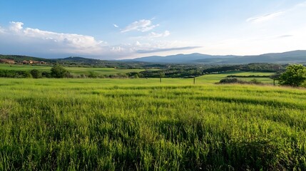 Fototapeta premium Expansive green fields under a clear sky creating a serene countryside landscape with rolling hills in the distance : Generative AI